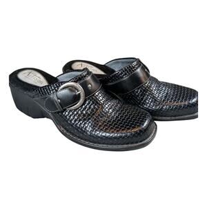 Clarks Artisan Black Leather Woven Clogs Mules Wedge Slip-on Sandal Size 7.5M
